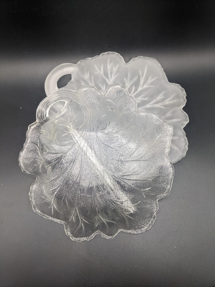 Vtg Indiana Glass Two-Part Pebble Leaf Relish Bowl, Candy Dish, Serving Bowl