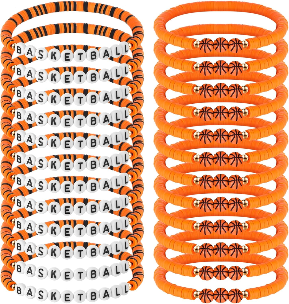 24 Pack Basketball Team Gift Basketball Letter Clay Beaded Bracelet Bulk Orange