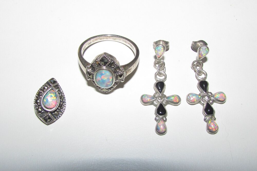Fire Opal Marcasite Onyx Sterling Silver Jewelry Set Cross Earrings Ring Pendant