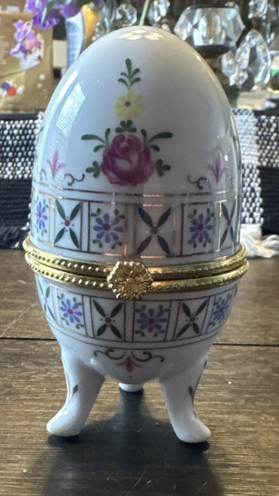 Vintage Floral Porcelain Egg Trinket Box with Gold Hinged Lid and Feet