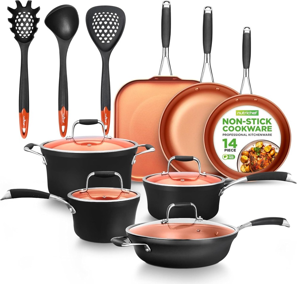 14-Piece Nonstick Kitchen Cookware Set – PFOA/PFOS-Free, Copper/Hard-Anodized