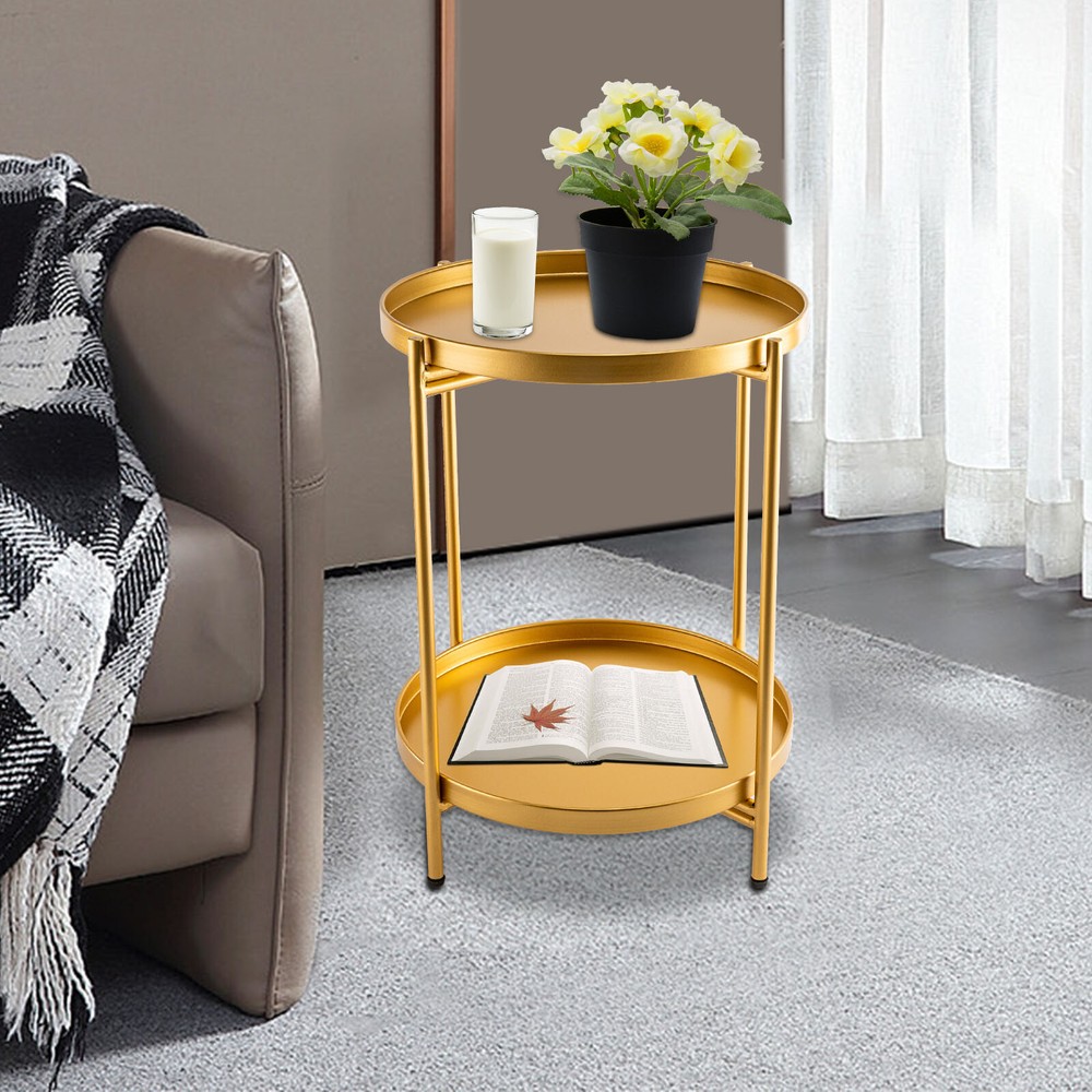 2 Tier Tray Metal End Table, Small Round Side Table Sofa Side Table Round Gold