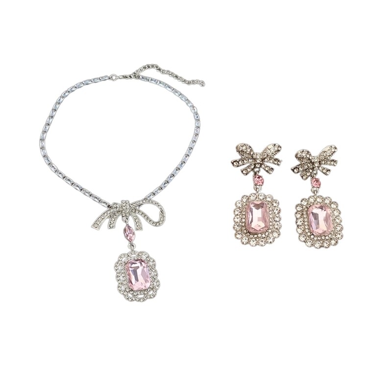 Elegant Alloy Bowknot Pendant Necklace and Drop Ear Studs for Daily or Party Wear