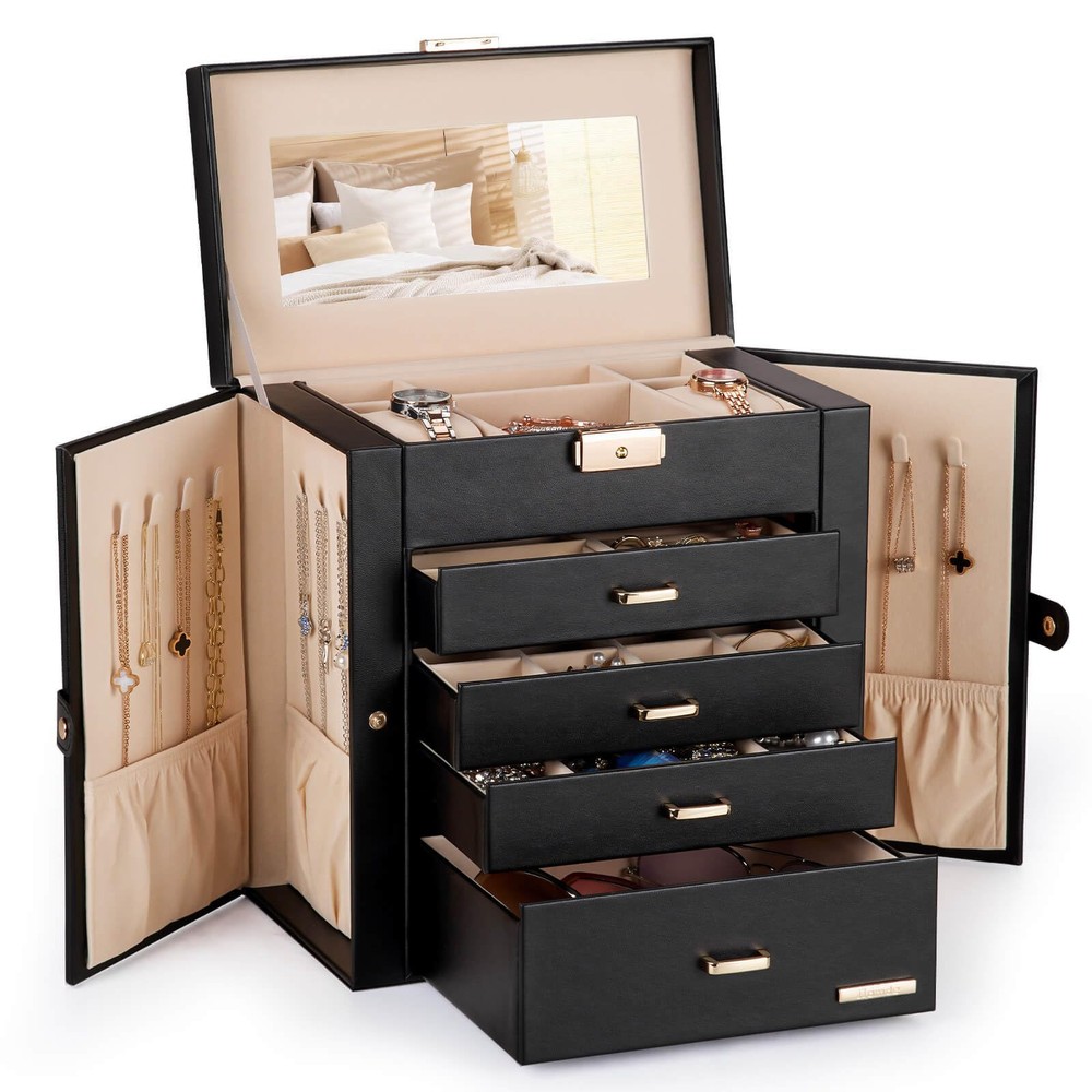 Synthetic Leather Huge Jewelry Box Mirrored Watch Organizer Necklace Ring Ear...