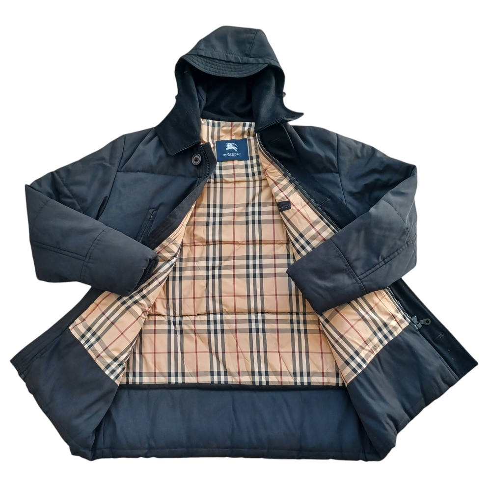 Burberry London Jacket Coat Puffer Long Hooded Quilted Black Men Nova Check Sz 3