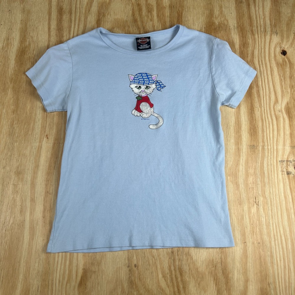 Y2k Benjy's Harley Davidson Cat Graphic Crew Neck T-Shirt Women's Size 2XL Blue