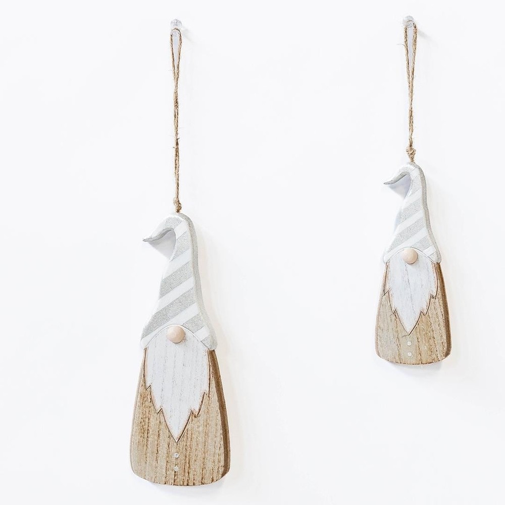 Set of 2 Wooden Santas with Gray and White Striped Hats