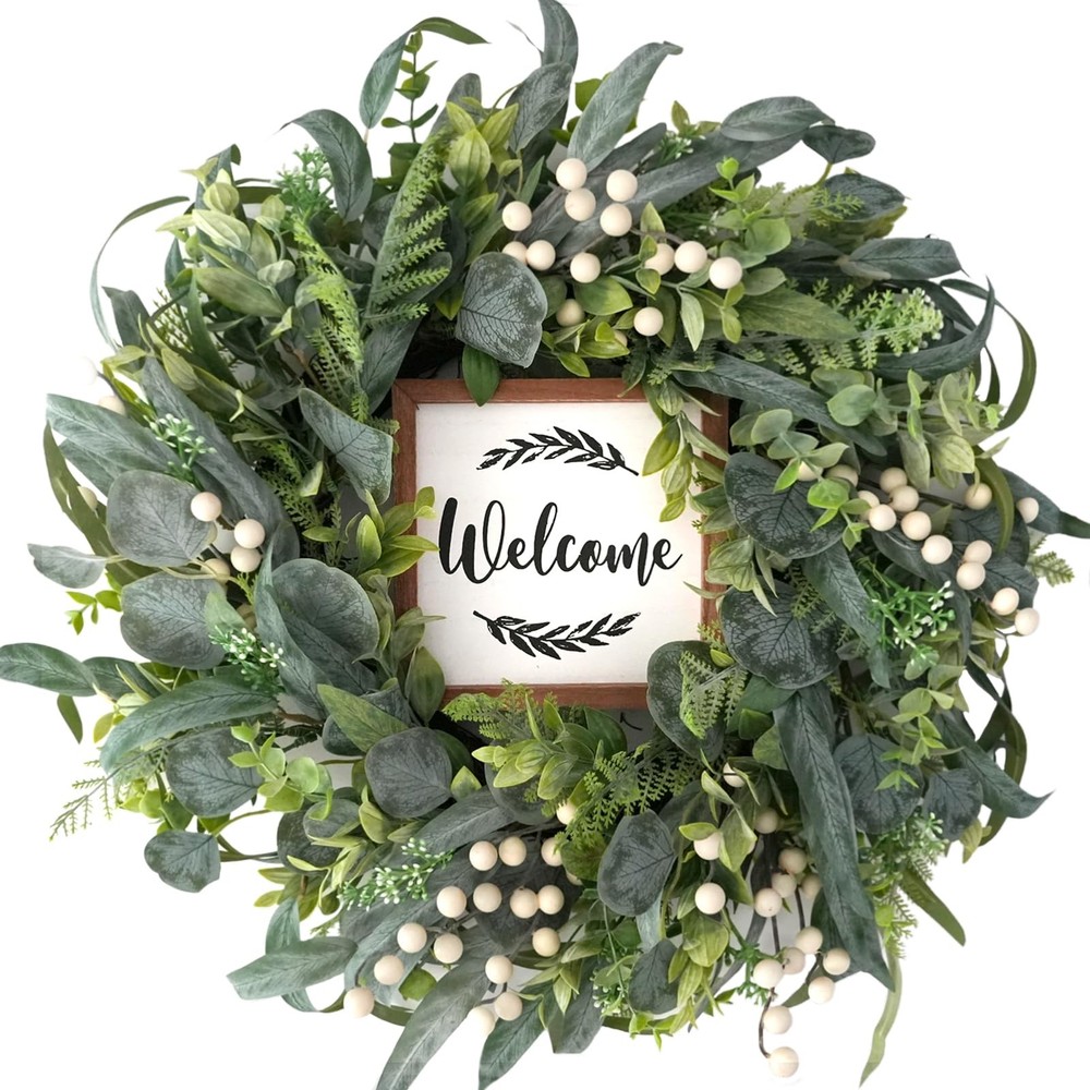 20-Inch Green Eucalyptus Wreath with White Blooms for Front Door Decor