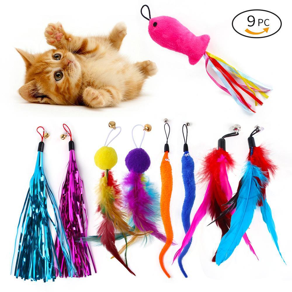 9 Pack Feather Cat Toys - Colorful Interactive Replacement Heads