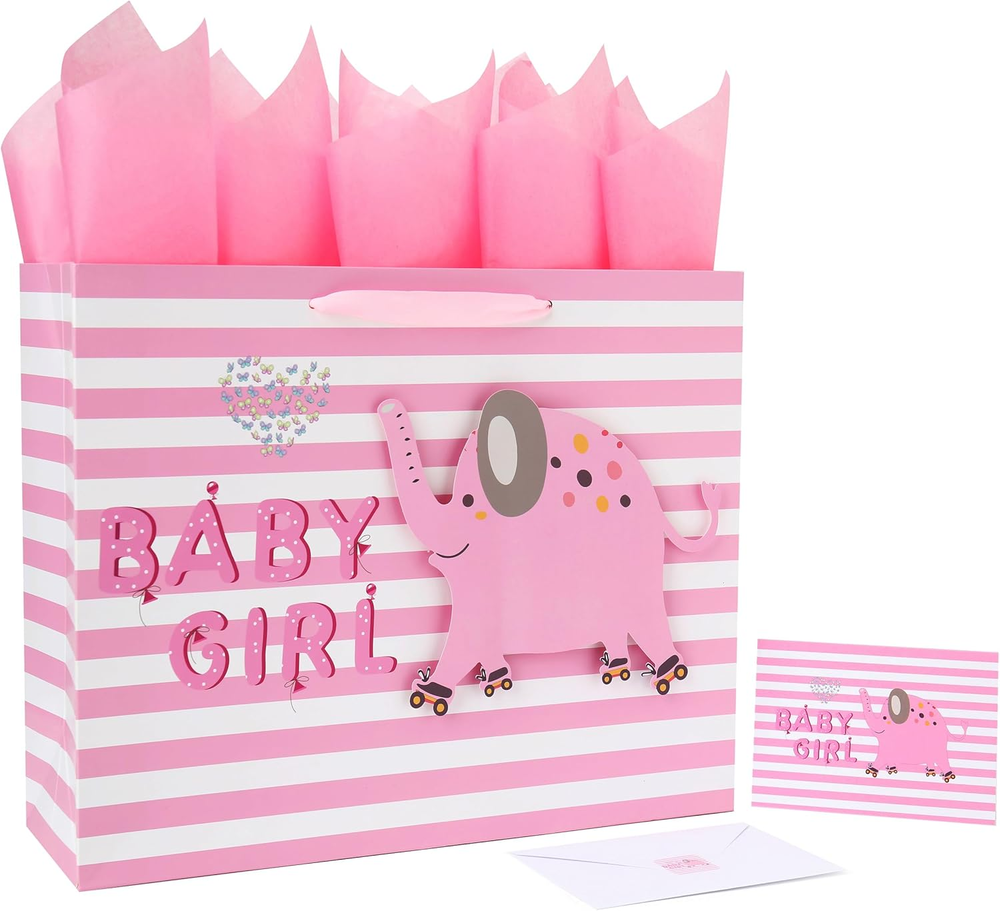 16.5” Extra Large Baby Girl Gift Bag Set with Handles, Greeting Card, Pink Tissu