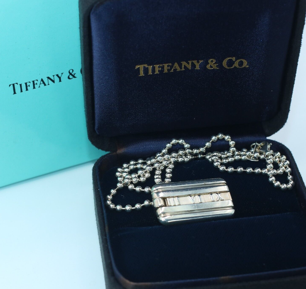Tiffany & Co. Necklace Atlas Plate Silver 925 Ball Chain With Box #A1114