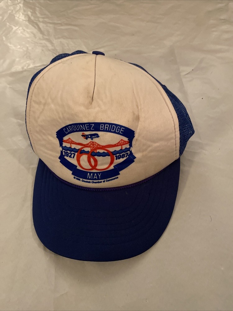 Vintage 1980s Carquinez Bridge 60 Year Trucker Mesh Snapback Hat Blue 1927-1987