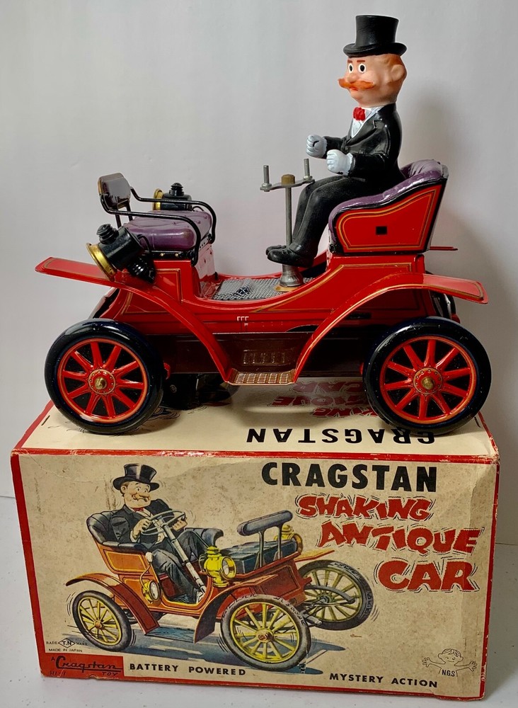 Cragstan Shaking Antique Car Toy Tin Metal Battery Powered w/Original Box VTG