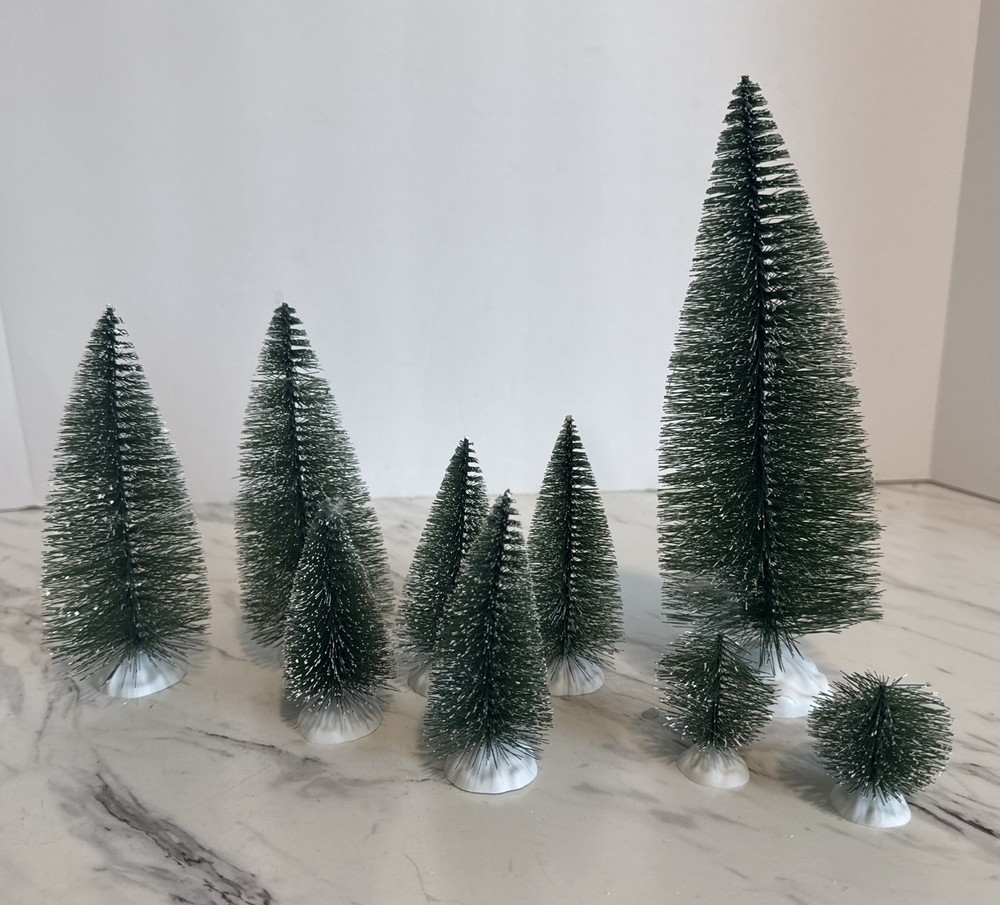 Flocked Bottle Brush Christmas Trees Lot of 9 in Various Sizes with Plastic Base