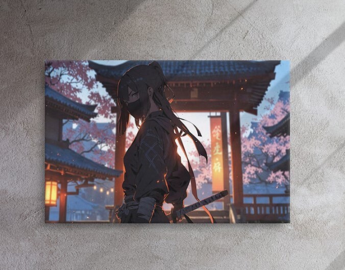 Graceful Ninja Assassin - Moonlit Rooftop in Japanese Village with Cherry