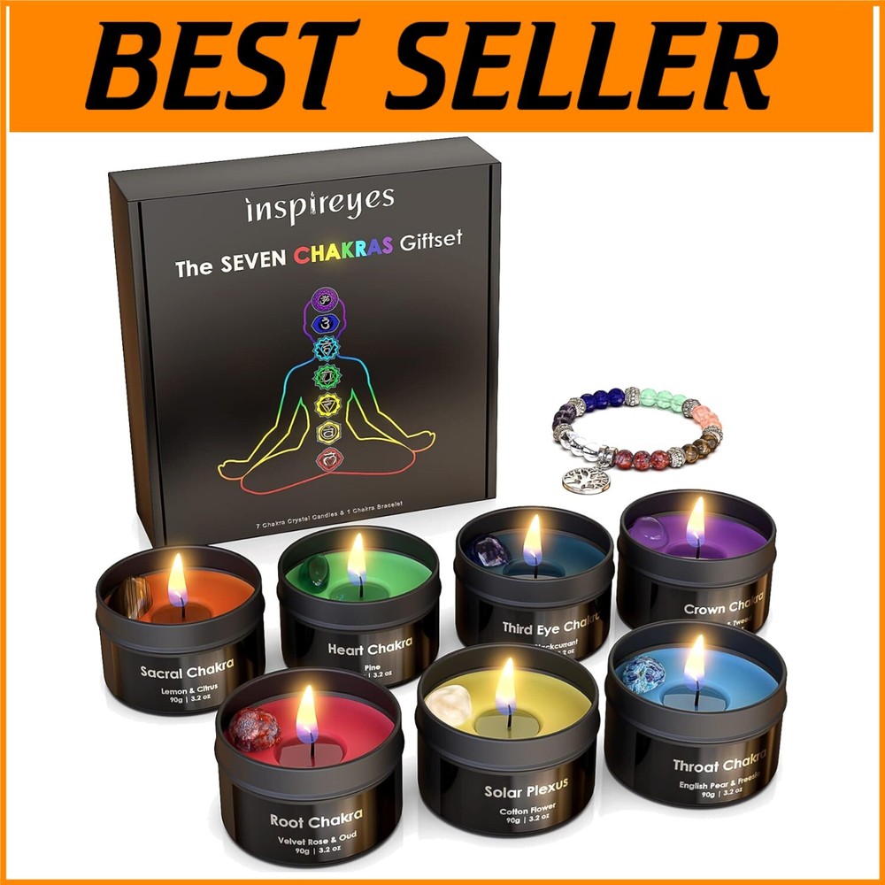 Luxury Chakra Candles Gift Set - 7 Natural Soy Wax Candles with Healing Stones