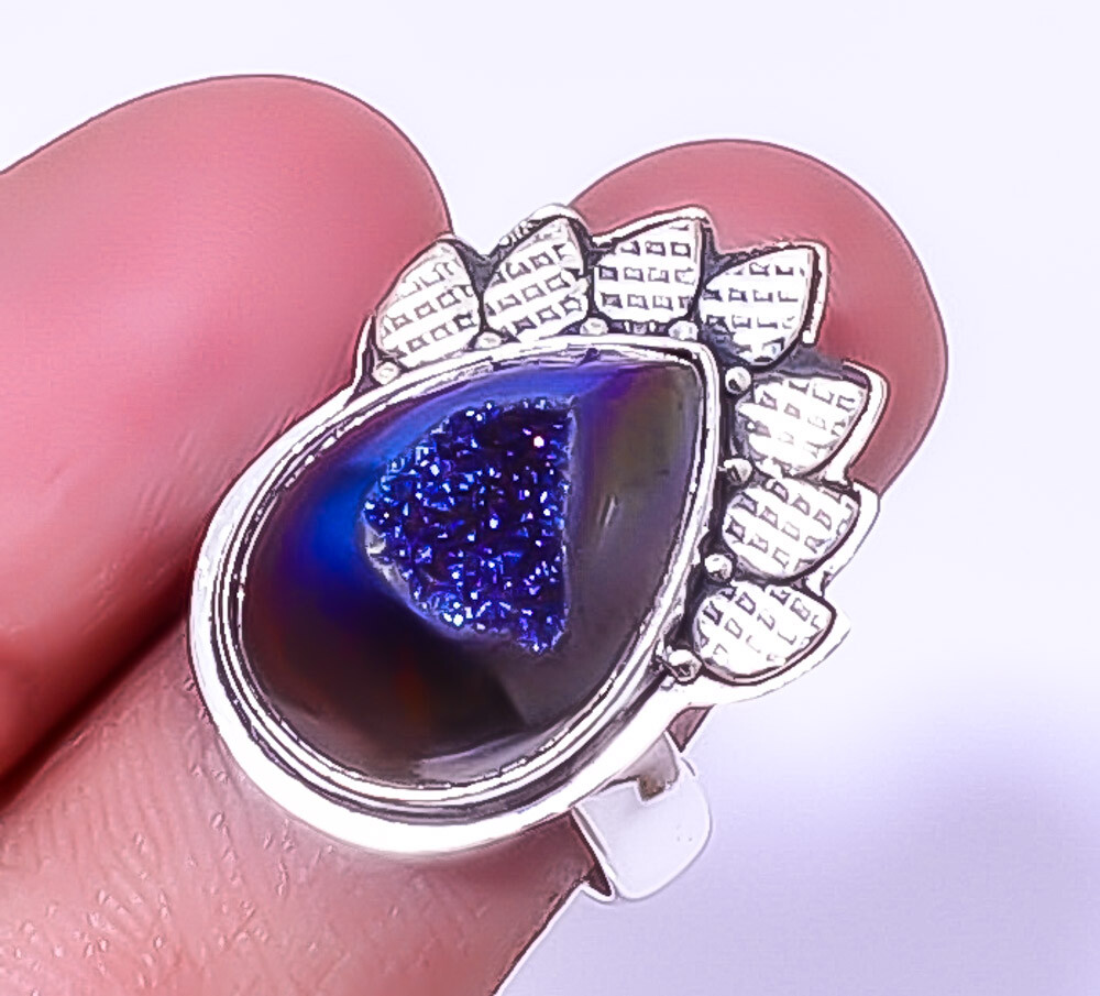 Titanium Blue Agate Drusy Designer Gemstone 925 Sterling Silver Ring Adst. (R25)