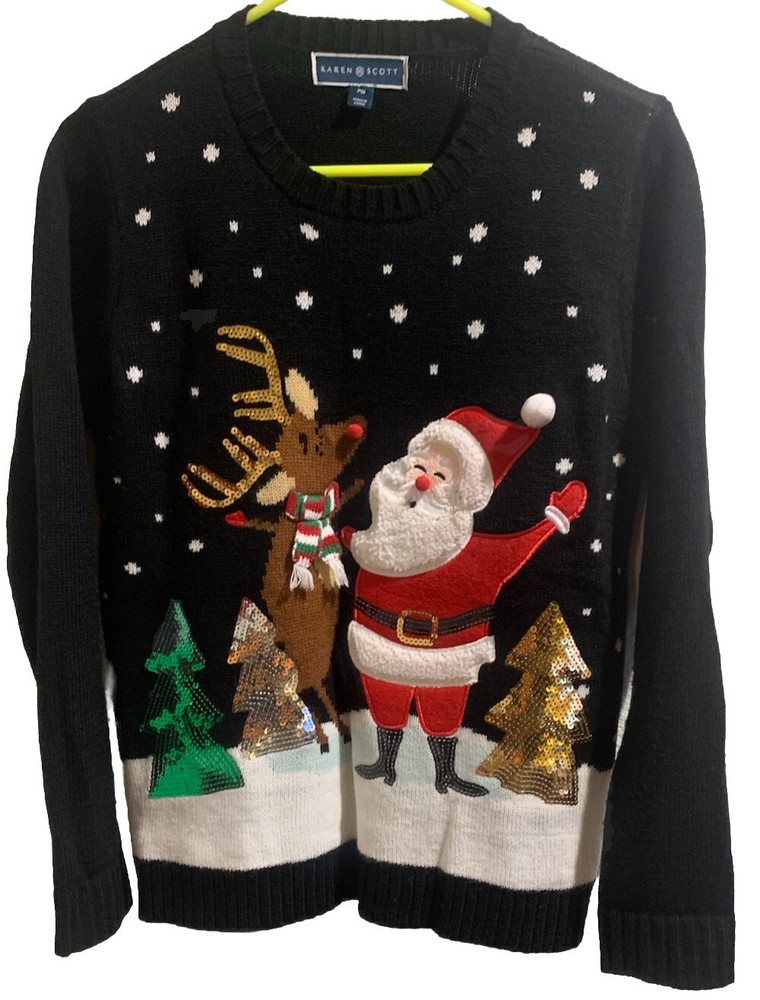 Karen Scott Christmas Sweater Women's PM Santa Holiday Black Reindeer