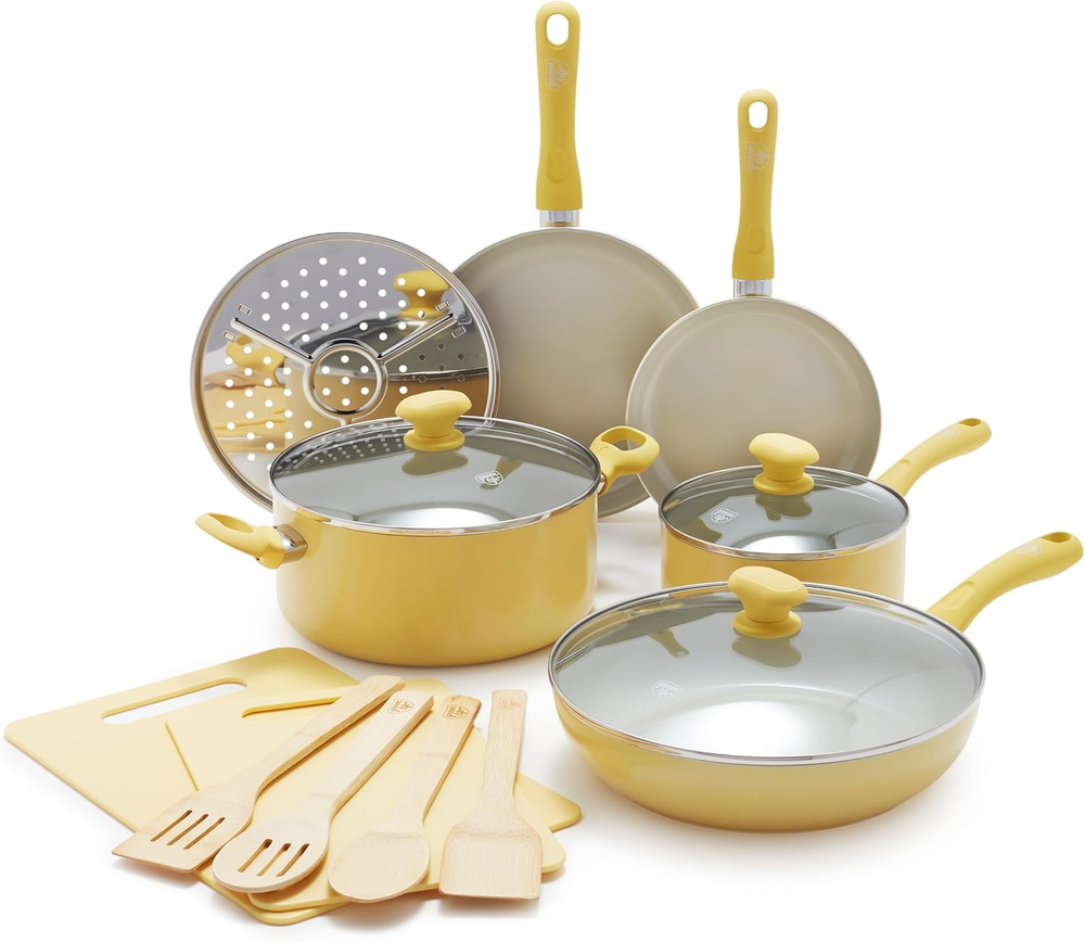 Soft Grip Healthy Ceramic Nonstick 15-Piece Cookware Set with Pots and Pans