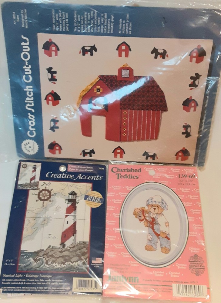LOT OF 3 ASSORTED COUNTED CROSS STITCH KITS LIGHT HOUSE RED BARN TEDDY BEAR NEW