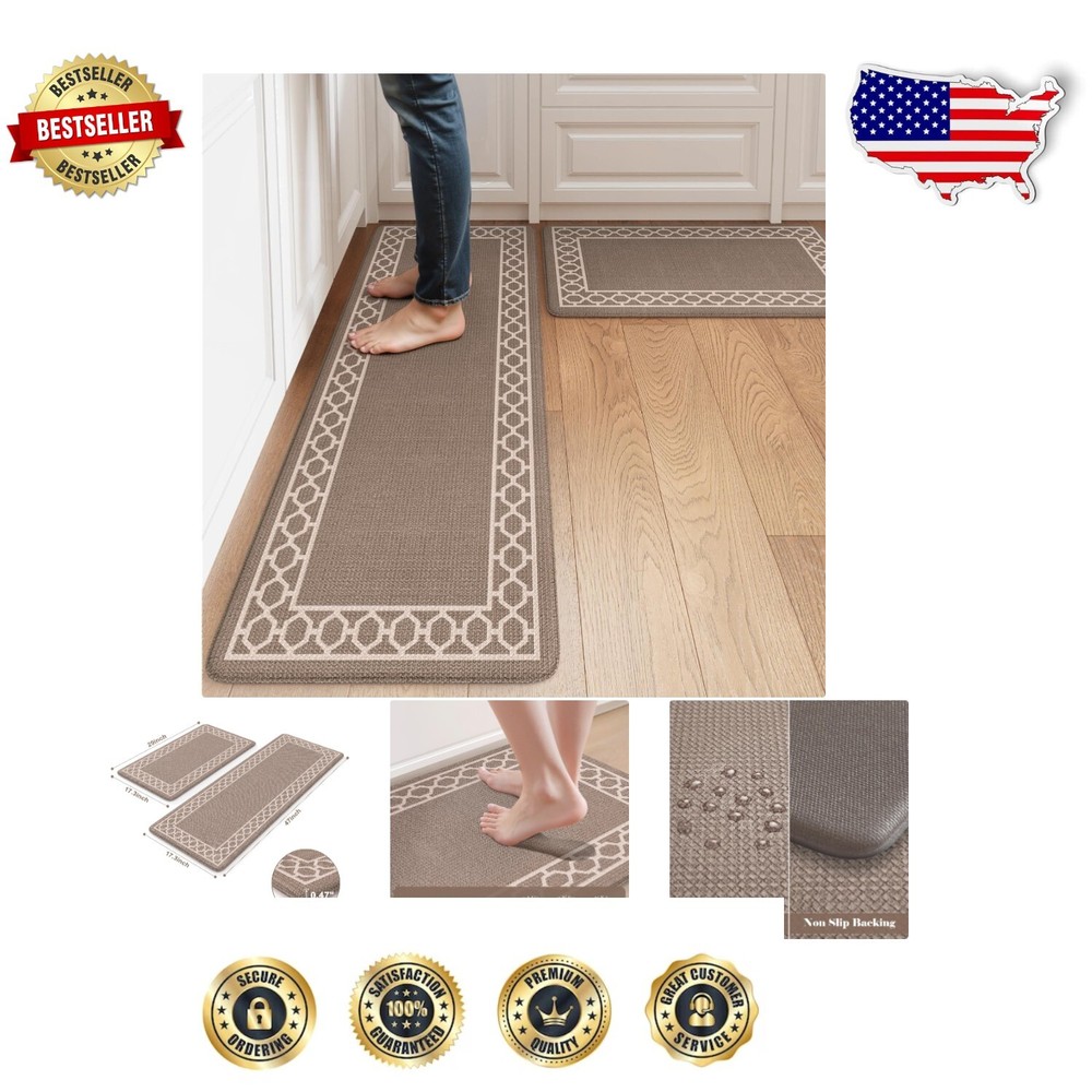 Cushioned Non-Slip Anti-Fatigue Kitchen Mats - Set of 2, Beige Geometric Design