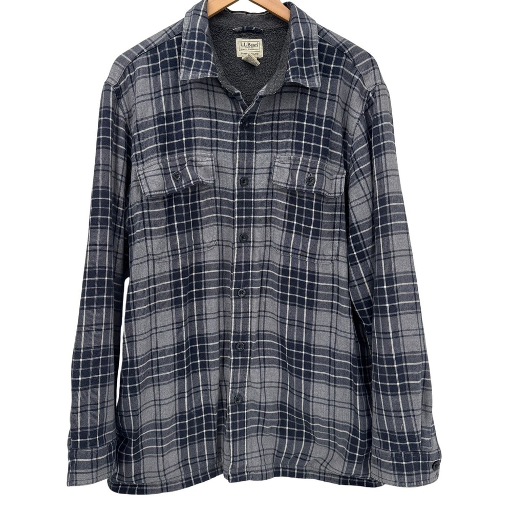 Men's LL Bean Fleece-Lined Gray Plaid Shacket – Large Trad Fit Flannel Shirt Jacket