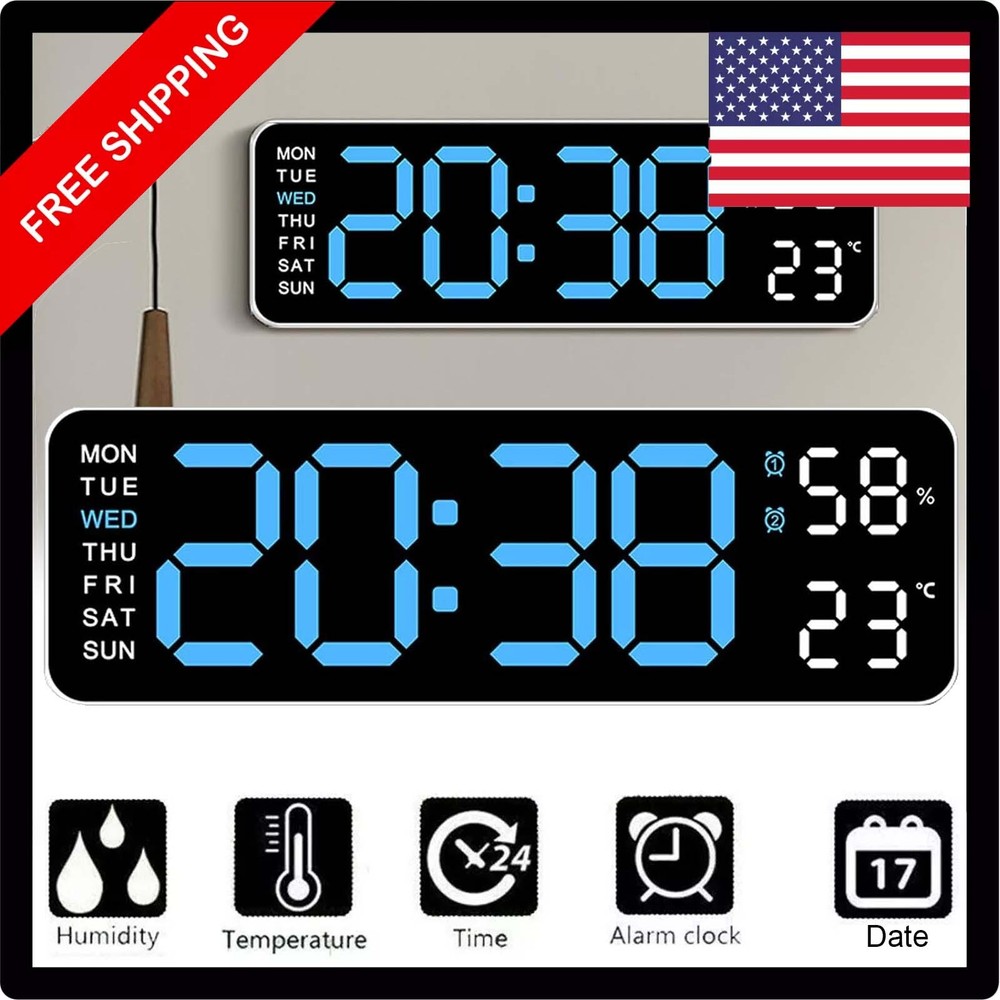 Large LED Digital Wall Clock with Date, Week, Temp & Humidity Display