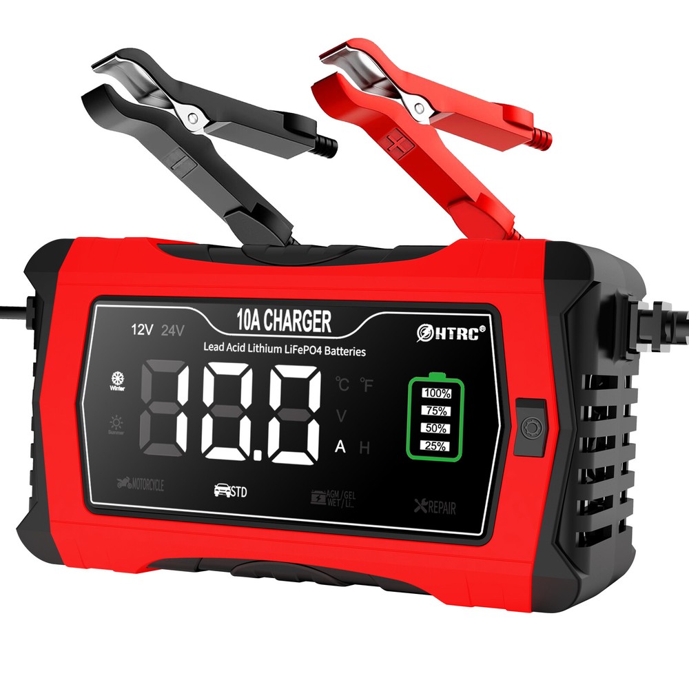 12V 24V 10 Amp Car Smart Battery Charger for LiFePO4 Lithium Lead-Acid AGM GEL