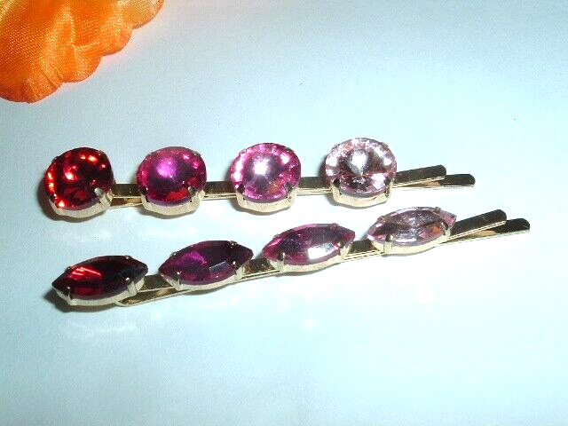 Vintage Art Deco red and pink rhinestone bobby pins with gold prong setting