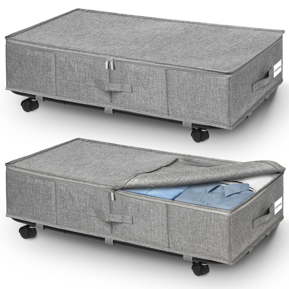 Under Bed Storage With Wheels Lids 2 Pack, 8.7 inch Tall Large 50L Underbed S...