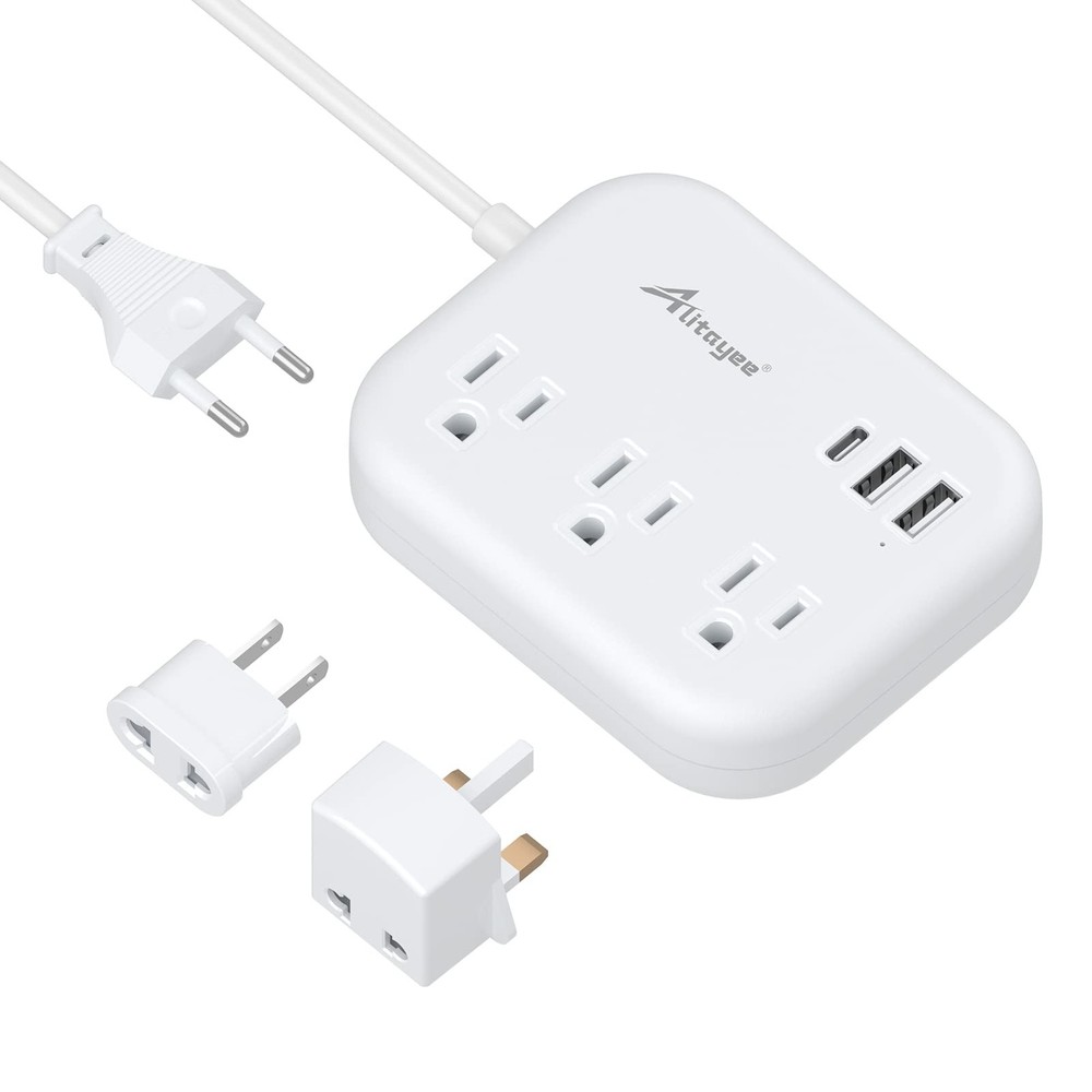 European Travel Plug Adapter, Alitayee EU/UK/US Travel Power Strip with 3 Out...-image