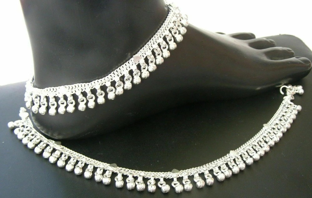 Handmade pure Silver Indian Payal With Noisy Jingle Bells Gorgeous Anklet Pair-image
