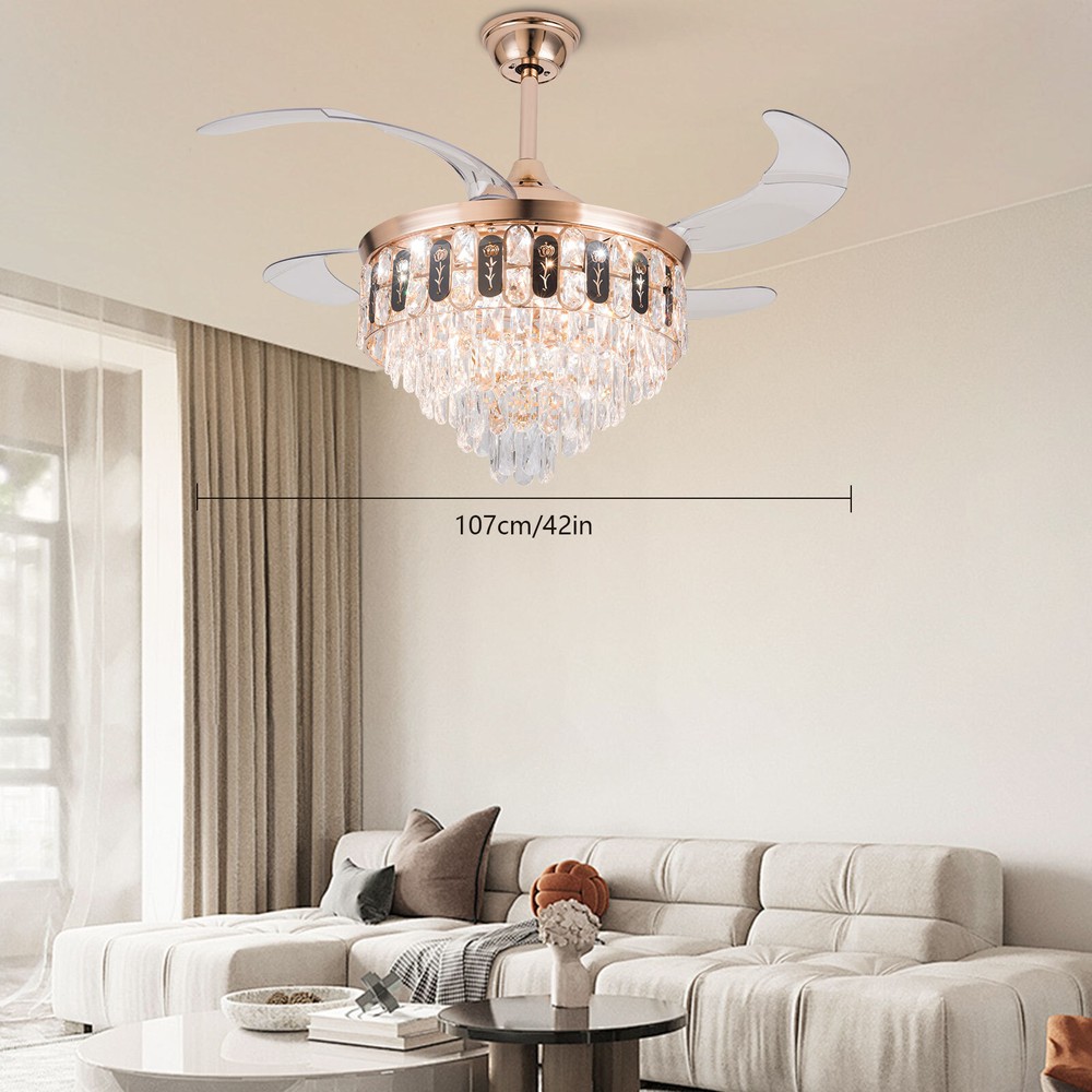 Crystal Modern LED Dimmable Ceiling Fan Light 6 Speed Remote Control Pendant Lamp