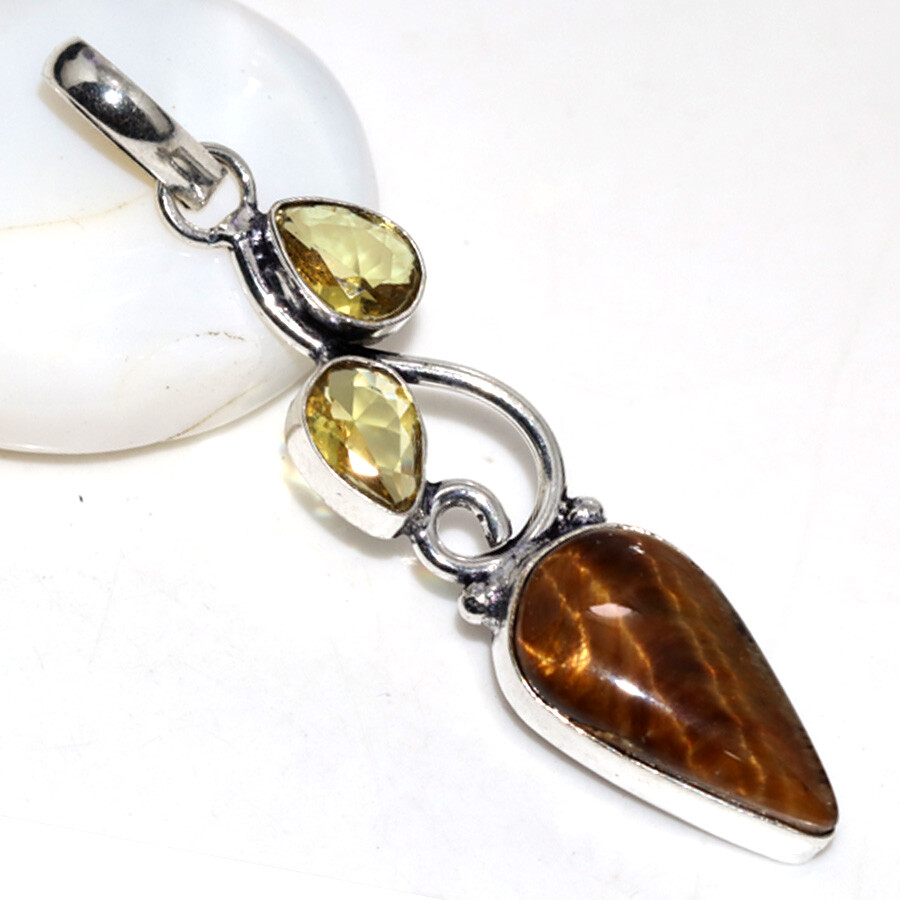 Tiger Eye Citrine Gemstone Long Pendant in 925 Silver Plated Ethnic Jewelry