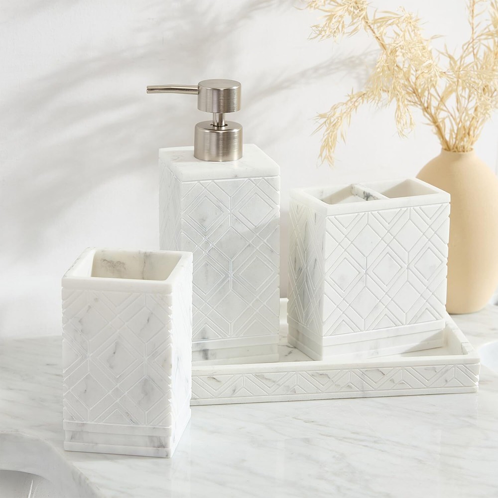 Tahari Home - Bathroom Set, Resin Countertop Accessories, White Marble