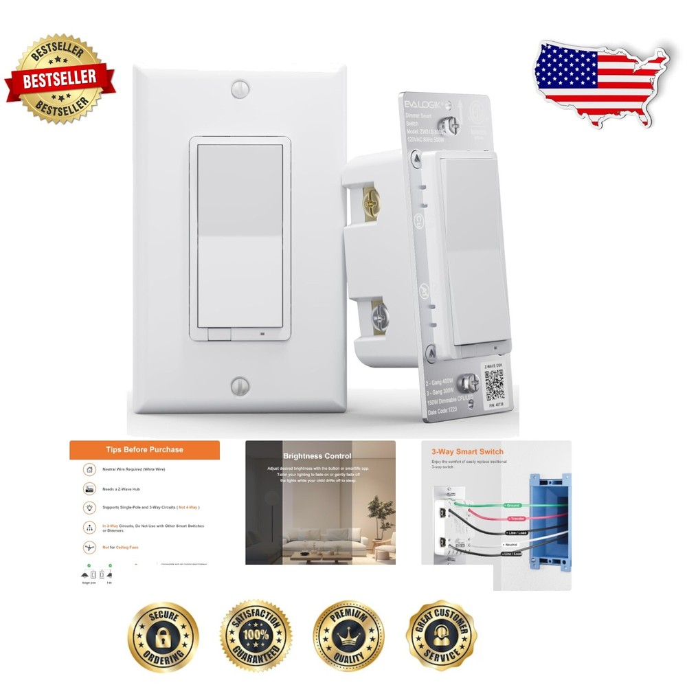 Convenient Z-Wave Dimmer Light Switch - Remote Control for 3-Way Setup