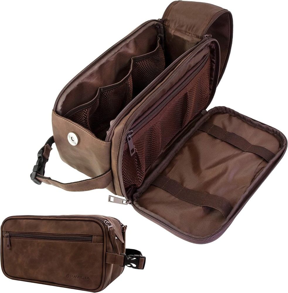 PAVILIA Men's Large Travel Toiletry Bag Dark Brown 10.5x5.5x6