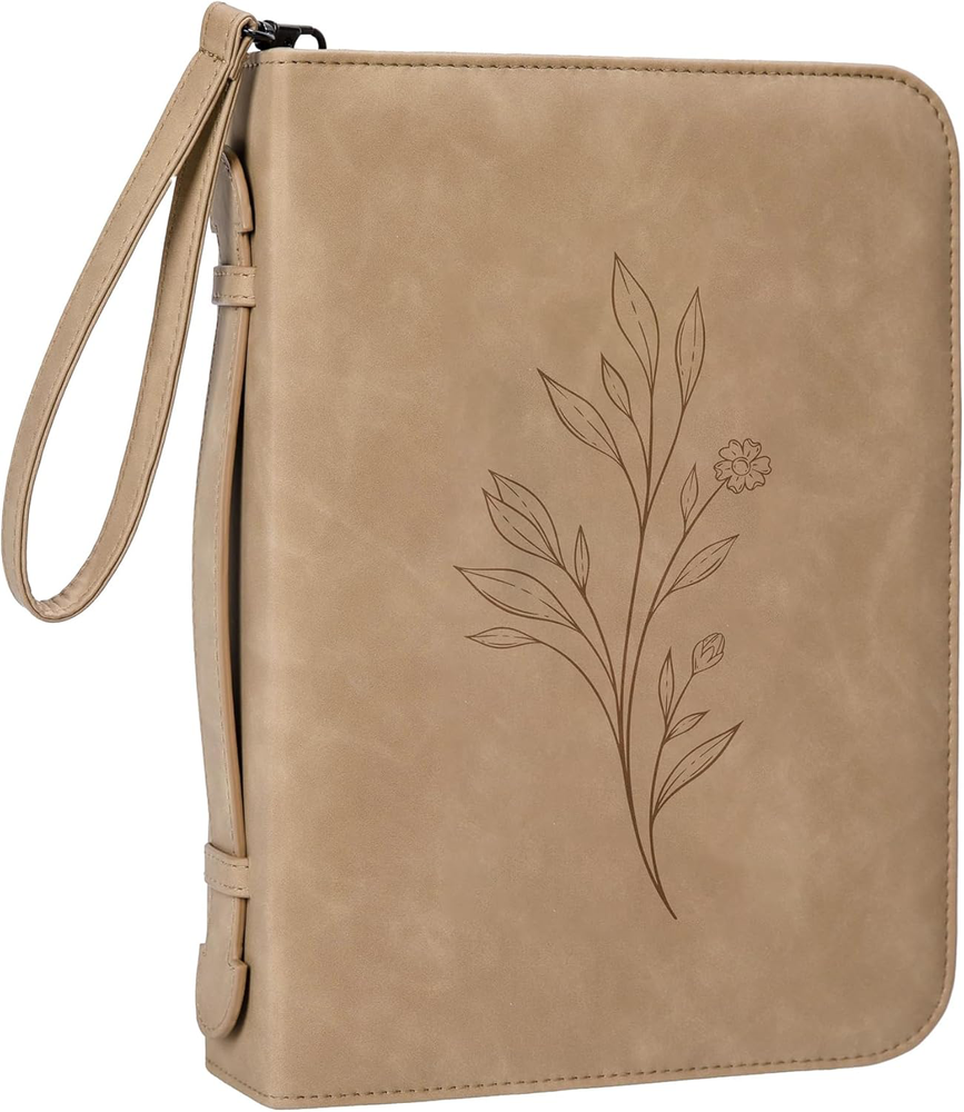 Bible Cover with Wristlet Strap, PU Leather Floral Case for Women