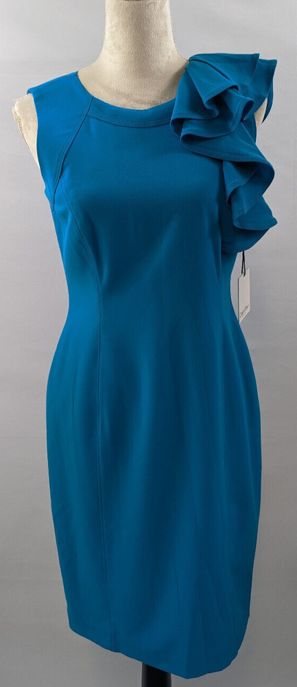 NWT Calvin Klein Sheath Dress Bright Blue Sz 6 Sleeveless Ruffled Shoulder