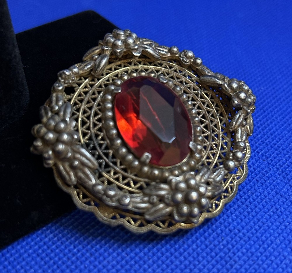 Victorian Style Flower Openwork Gold Tone Brooch - Large Red Glass Center - Worn
