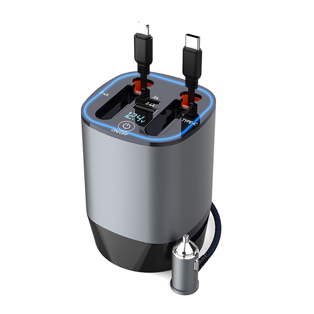 DC 12-24V 100W 4IN1 USB Type-C Retractable Car Charger Phone Fast Charge Adapter