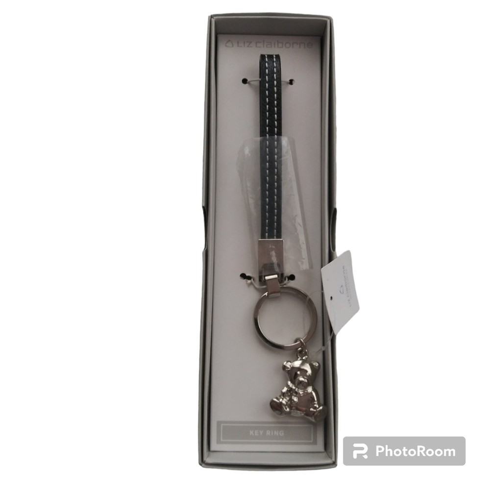Liz Claiborne Silver Bear Charm Keychain with Genuine Leather Strap