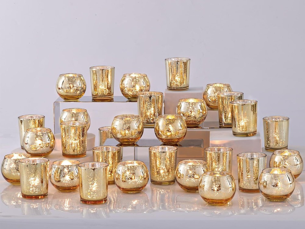 48-Piece Gold Mercury Glass Tea Light Candle Holders Bulk Set