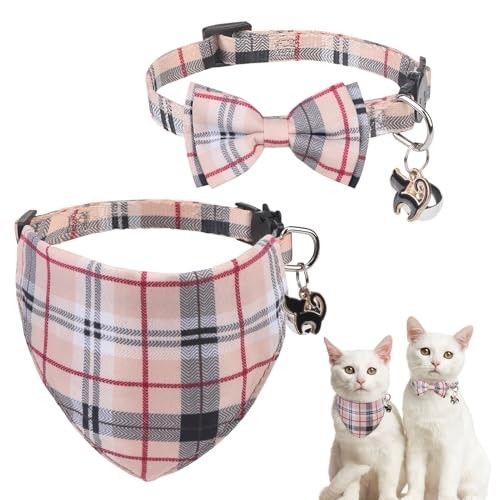 Plaid Cat Bandana Collars - 2 Pack Breakaway Bandanas & Bow (Plaid - Beige)