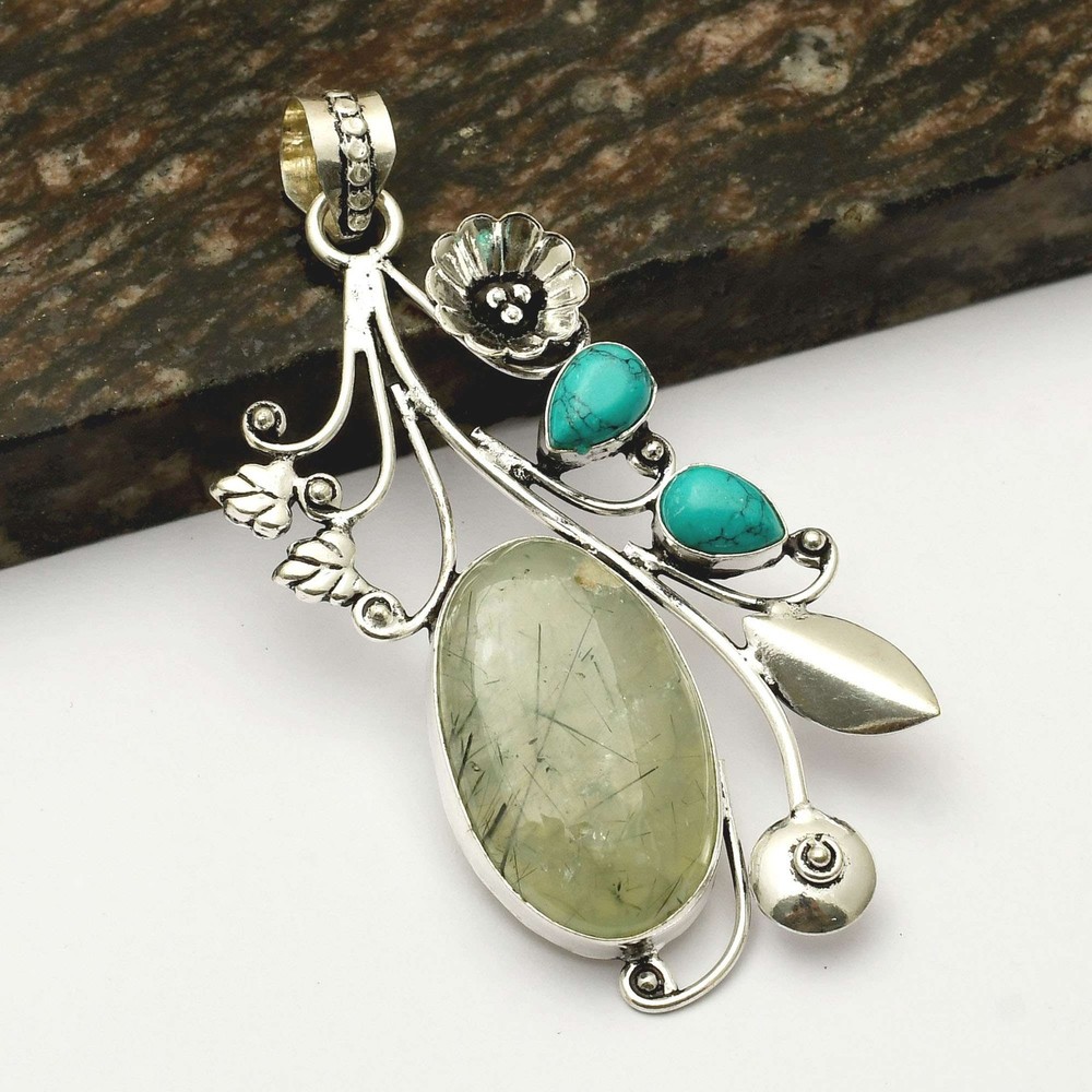 Prehnite Turquoise Handmade Flower Pendant Necklace Gift 3.28 Inches AP-42920
