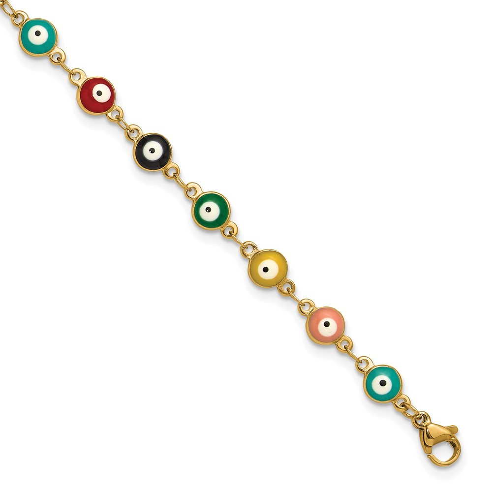 Stainless Steel Evil Eye Anklet with Yellow IP & Multicolor Paint 9in + 1in Extender