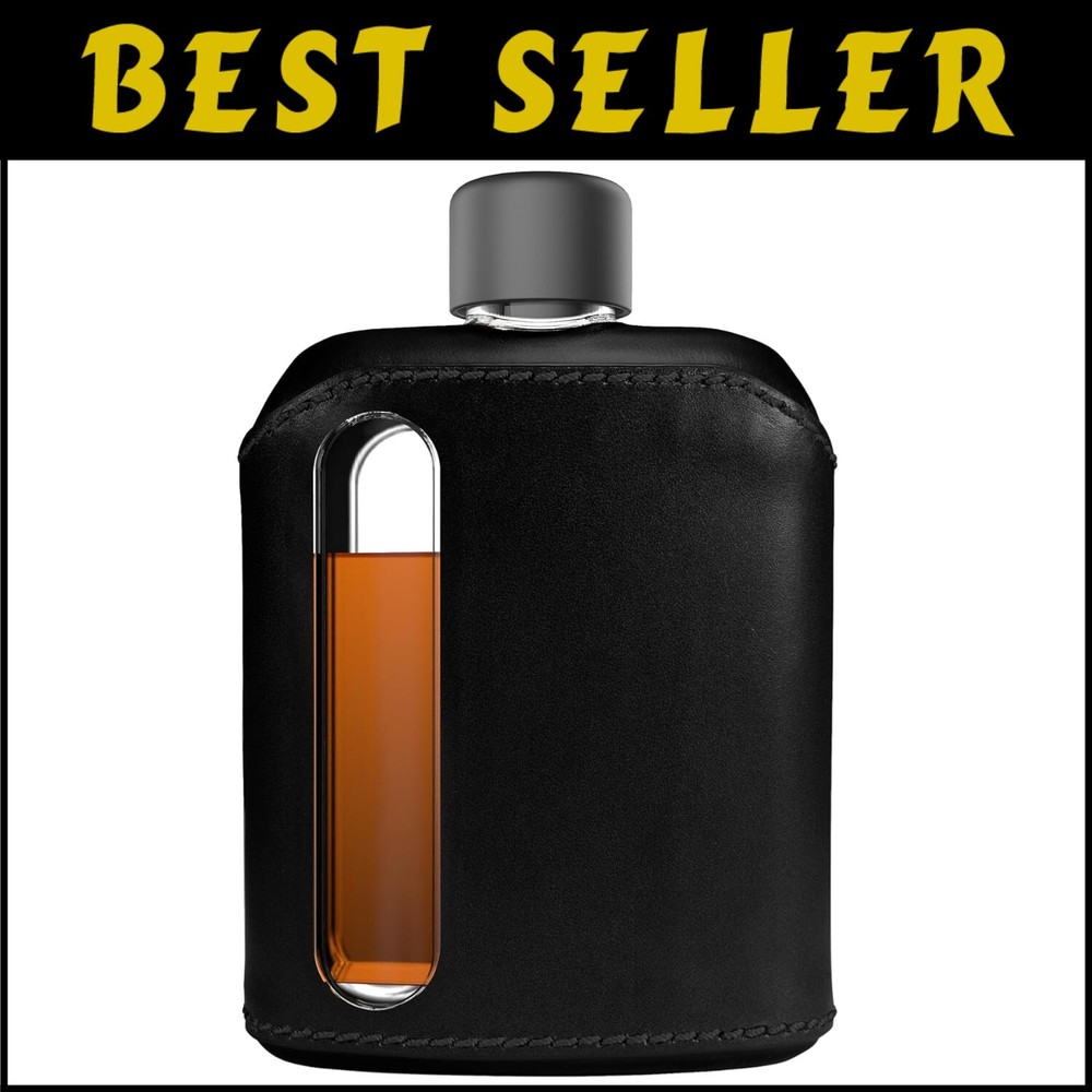 Modern Leather Covered Glass Hip Flask for Whiskey - Double Shot 240ml