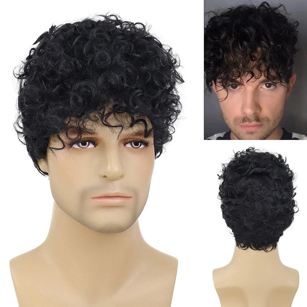 Synthetic Black Short Curly Wig for Men with Bangs Natural Hairstyles