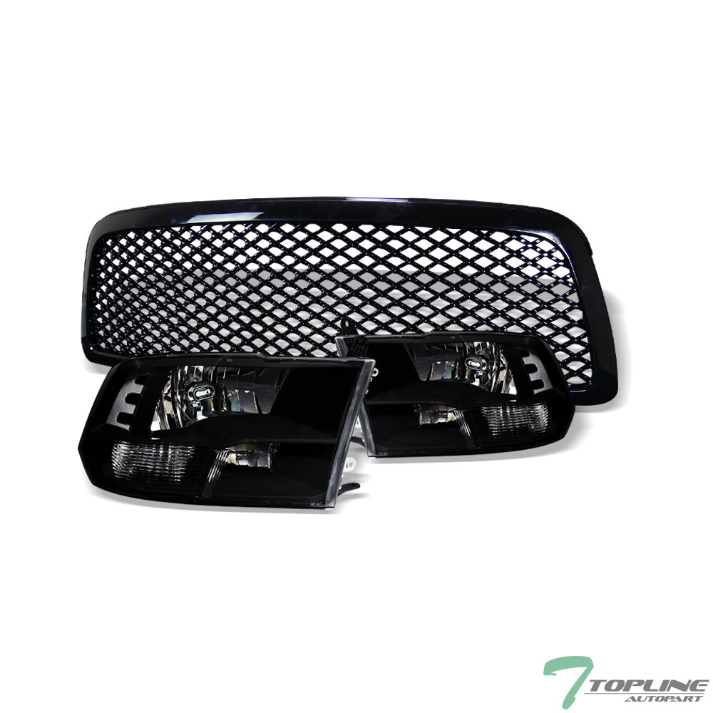 Topline For 2009-2012 Dodge Ram 1500 Quad Lamp Blk Headlights Signal+Mesh Grille