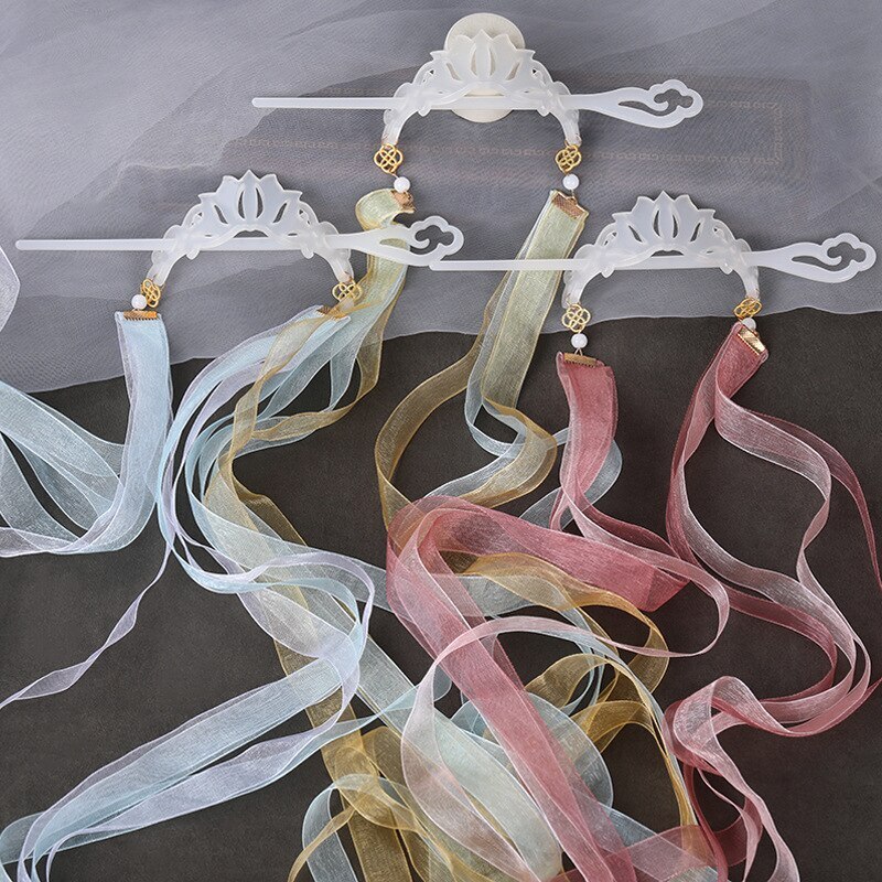 Elegant Chinese Silk Ribbon Hairpin Tiara Set for Women Fairy Hair Jewelry
